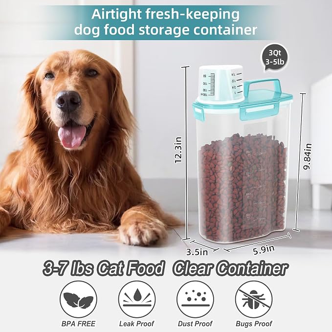 LEAWALK Airtight Small Cat Dog Pet Food Storage Containers BPA Free, with Large Pour Spout/1 Measuring Cup/ 4 Safety Locks and Double-layer Silicone Strip (Clear Blue x 2, 3L-2pack)