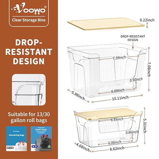 VOOWO Trash Bag Holder, 2 Pack Clear Trash Bag Dispenser with Plastic Lid | Stackable Trash Bag Organizer Fit 13/30 Gallon Bags, Clear Organizer Bins Under Sink for Pantry Kitchen Laundry Room Cabinet
