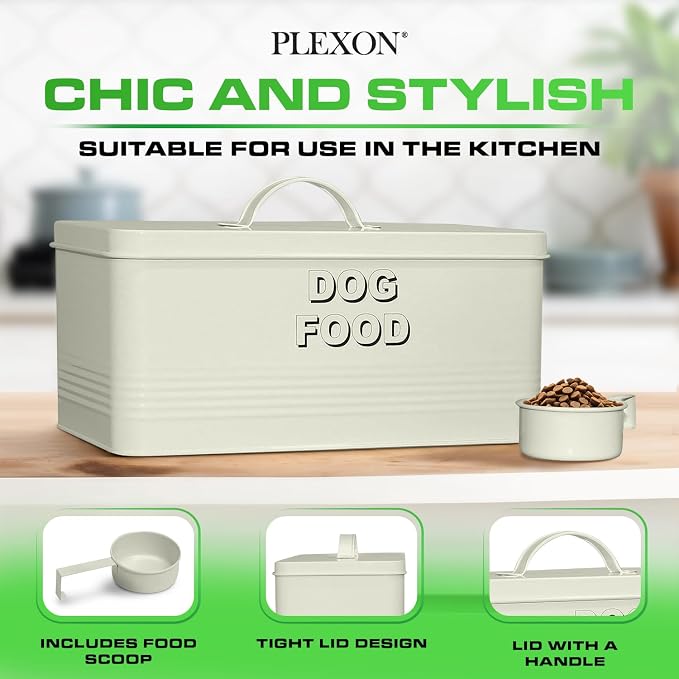 Plexon Metal Dog Food Storage Container with Scoop - Small Dog Food Container 10lbs Holder Treat Jar Bin with Lid - Pet Chow Storage Canister Tin, 2 Gallon, Off-White