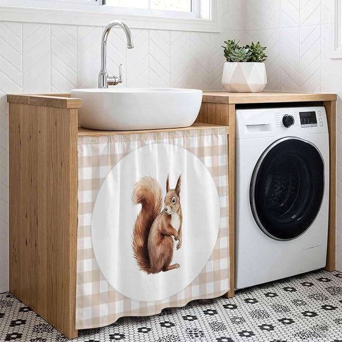 Squirrel Plaid Cabinet Dishwasher Hidden Curtains, Privacy Closet Door Curtain, Modern Farmhouse Checkered Rustic Animal Adhesive Dust Proof Under Sink Skirt for Bathroom Kitchen 35"x35"