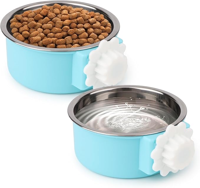 Hypeety Dog Crate Water Bowl No Spill - Hanging Attachable Pet Bowls for Kennel Durable Stainless Steel Food Water Dishes for Small Dogs Cats Rabbits Parrots with Non-Slip Base (Blue 2pcs)