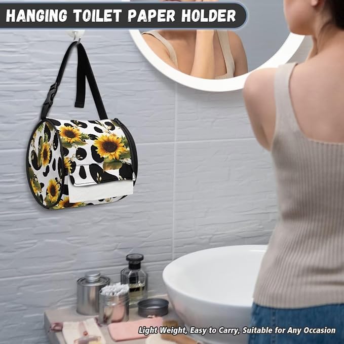 Sunflower Cow Hanging Paper Towel Roll Holder with Adjustable Strap Water Resistant Toilet Tissue Roll Dispenser Handy Toilet Paper Cover Storage Holder