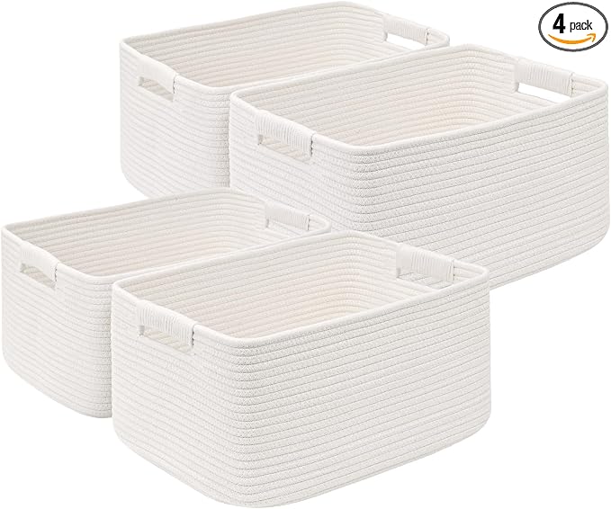 4 Pack Large Storage Basket for Organizing, 17.5"x13"x7" Woven Basket for Shelves, Closet Cube Storage Bins with Wrapped Handle, Cotton Rope Baskets for Kitchen, Clothes, Toys(Off White)