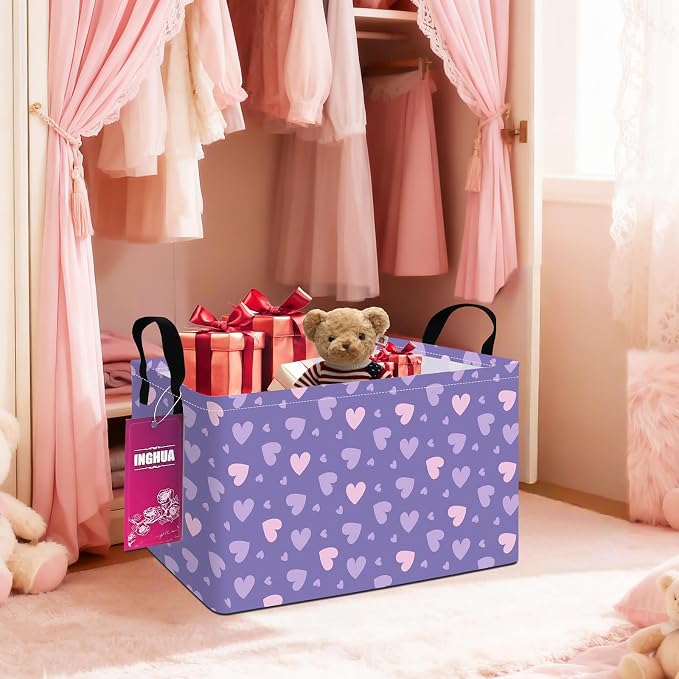 Rectangular Purple hearts Storage Basket | Gifts Bag for Toys,Books,Clothes,Gifts,Pets-Perfect for Home,Office,Nursery,Dorm,Shelf
