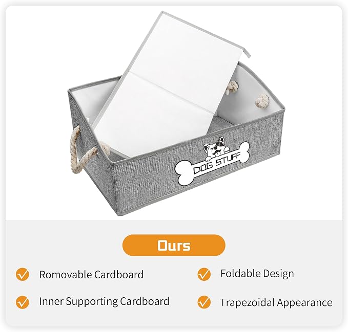 Dog Toy Basket, Storage Bin, Collapsible Box for Pet Accessories | Fabric Container With Handle, Trapezoid Holder for Small Medium dogs, Organizer for Living Room, Light Gray