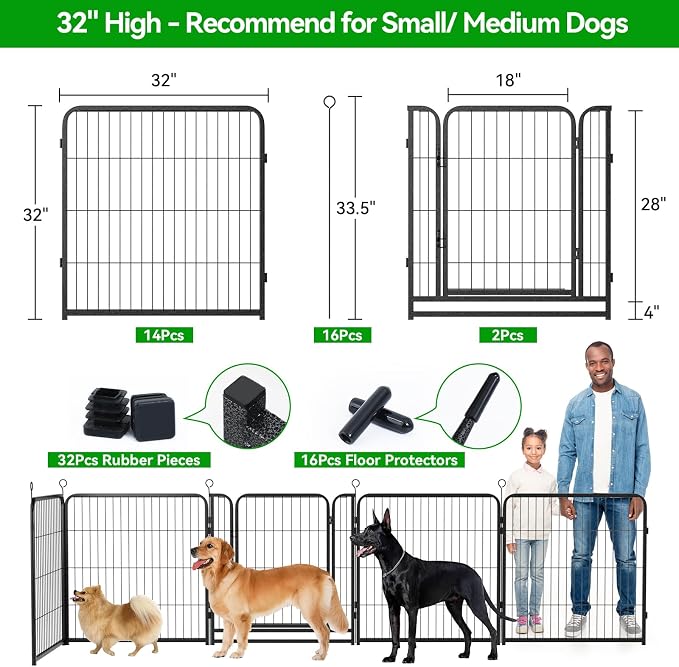 Kfvigoho Dog Playpen Outdoor Extra Wide 16 Panels Heavy Duty Dog Fence 32" | Anti-Rust Coating-Strengthened Dog Fence with Doors Portable for RV Camping Yard, Total 42FT, 140 Sq.ft, Snowy Black