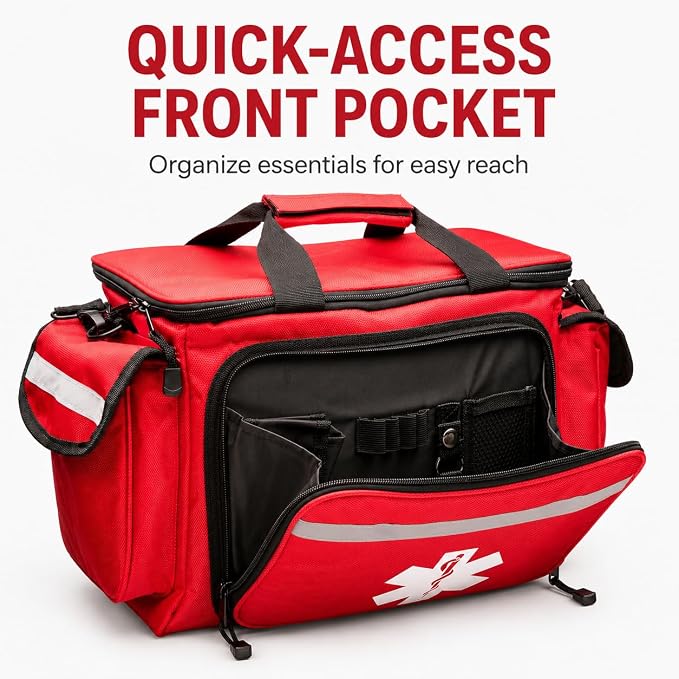 NOVAMEDIC Professional Red Empty Trauma First Aid Medical Bag, 15"x10"x9", Multi Compartment First Responder Carrier for EMT, Paramedics, Emergency and Medical Supplies Kit