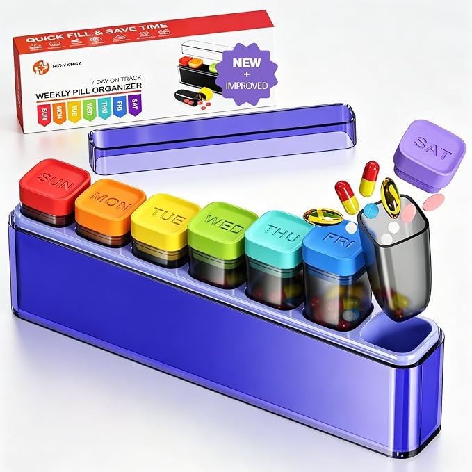 HIONXMGA Weekly Pill Organizer, Detachable 7-Color Pill Box, Easy Tracking | Portable Travel Pill Case Container for Daily Vitamin Supplement Fish Oil, Silicone-Seal, Lasting Labels, Quick Fill (Purple)