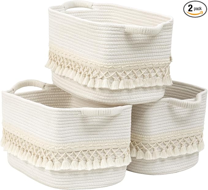 2 Pack Storage Basket for Shelves, Boho Cotton Rope Storage Bins with Heavy Tassel, Shelf Baskets Large Woven Baskets for Organizing, Cube Organizer Bins, Baby Laundry Basket for Clothes, Toys, Pets