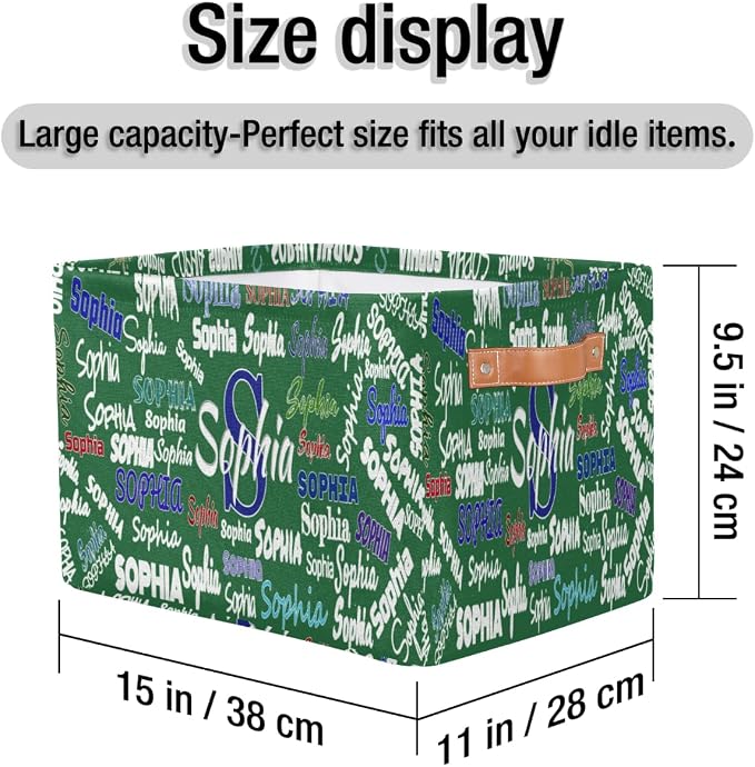 Personalized Kids Toy Box Name, Custom Nursery Baskets Cubes Box, Kids Custom Storage Basket Laundry Baskets Organizer with Handles, Deep Green Solid Background