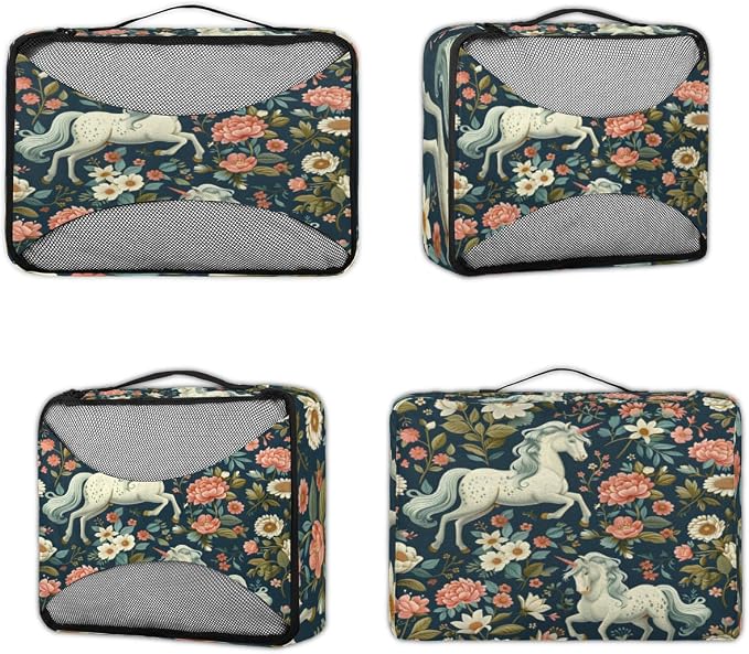 Floral Horse 4 Set Travel Packing Cubes for Accessories, Suitcase Organizers Luggage Bags Set with Double Zippers & Mesh Top