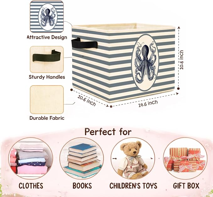 Octopus Storage Bin, Nautical Ocean Blue Stripe Fabric Basket | Foldable octopus fabric organizer for nursery, bedroom, playroom, toys, books, and clothes