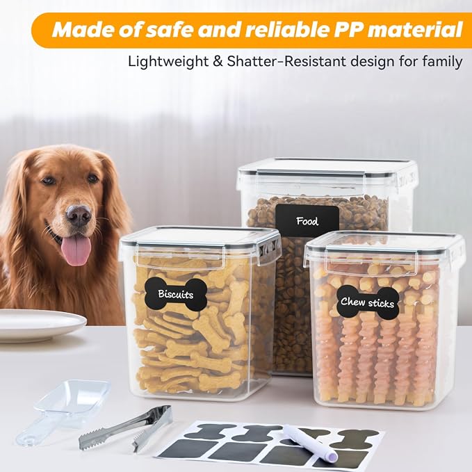 qeerable Airtight Dog Treat Container Set - Shatterproof Plastic Pet Treat Container with Scoops, Tongs & Labels - 3 Pack Clear Dog Cookie Jar for Kitchen Counter Organization & Freshness