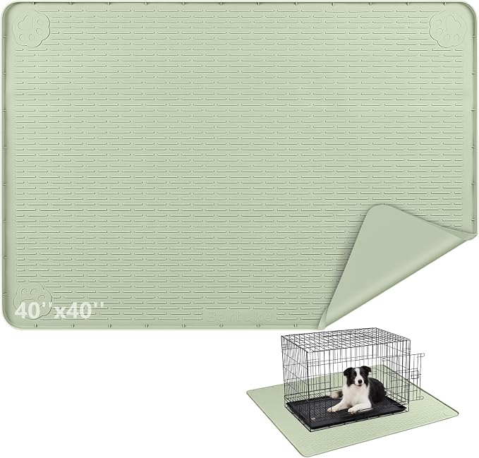 Silicone Dog Crate Mat 40"x 40" Under Dog Crate Kennel Pad Mat, Green | Extra Large Dog Cage Mat, Non-Slip Waterproof Dog Playpen Mat, Reusable Washable Dog Mat for Crate, Protect Floors