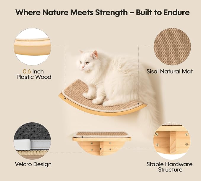 Wood Cat Wall Curved Bed with Sisal Mat, Cats Shelf for Sleeping Scratching | Ergonomic Curved Design, Scratchable Sisal Pad, Wall Mounted