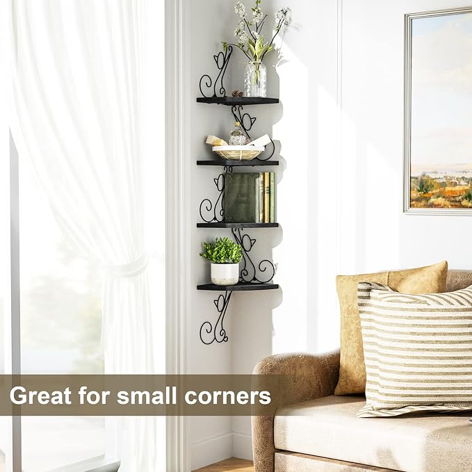 Alsonerbay 4-Tier Cat Shaped Corner Floating Shelf Wall Mount, Black | Curved solid wood, 35.2 lbs total capacity, reinforced metal bracket, rustic decor, for bedroom, living room & kitchen