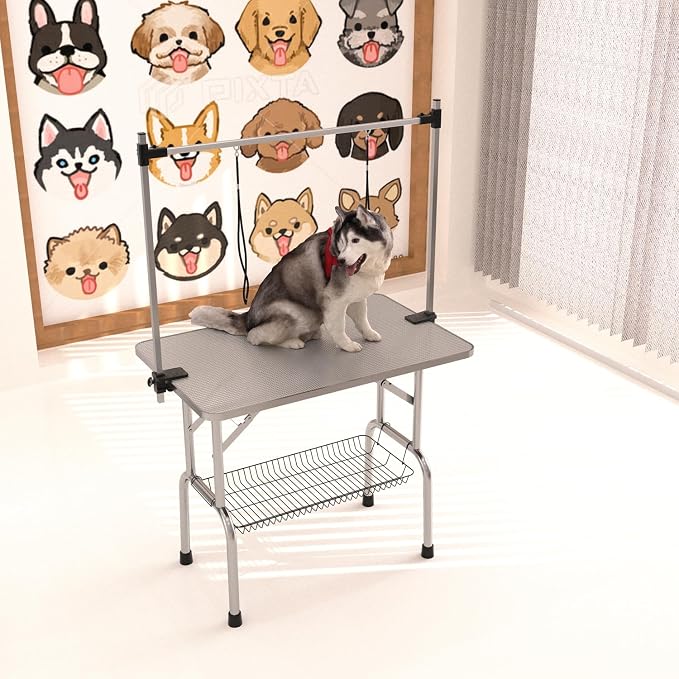 46" Pet Dog Grooming Table, Foldable Stainless Steel Frame Pet Drying Grooming Table Up to 330lbs, Professional Bathing Desk for Dogs at Home with Adjustable Overhead Arms, Noose, Mesh Tray, Silvery