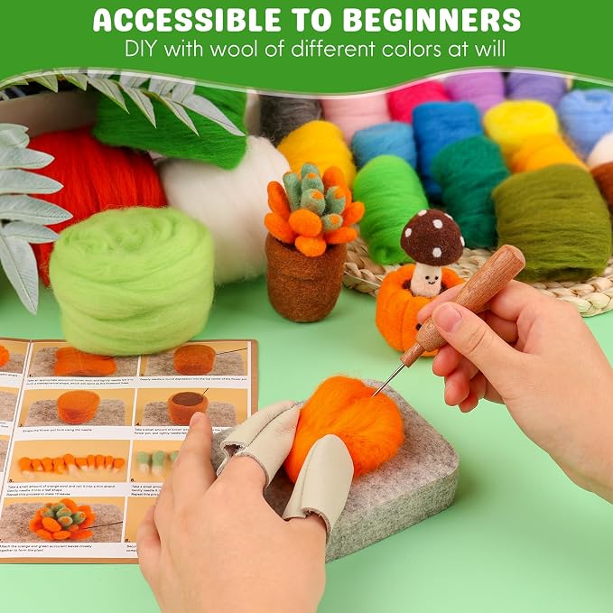 Needle Felting Kit for Beginners, 28 Colors Wool Roving DIY Succulent Plants Craft Set with Felting Needles, Pad & Tools, Wool Felt Kit for Mini Potted Plants Home Decoration & Christmas Gift
