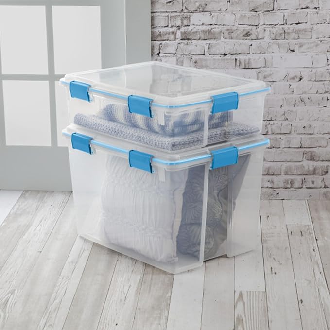 Sterilite Gasket Storage Box with Lids for Home & Office, 37 Quart, 8-Pack | Heavy-Duty, Stackable, and Organizing Containers for Bathroom, Cabinet, Closet, and Garage, Clear and Blue Aquarium Latches