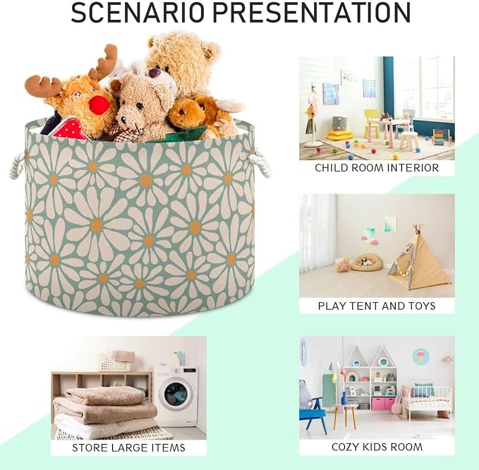 Green Daisy Flower Collapsible Round Storage Basket with Handles | Groovy Floral Large Laundry Baskets Hamper, Clothes Organizer Bin for Nursery Bedroom Living Room Decor, 20x 20x 14 Inches