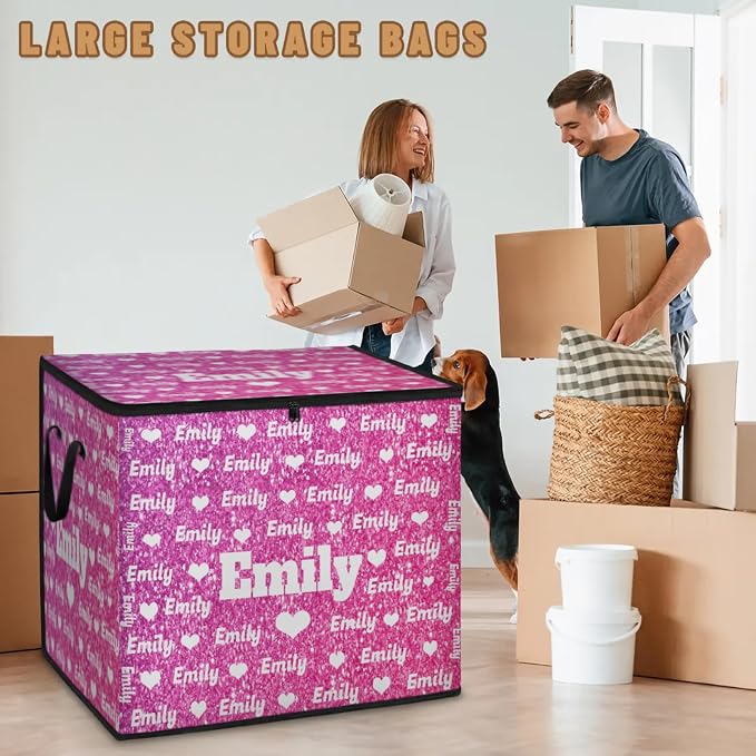 Custom Comforters Storage Basket with Lid, Personalized Name Large Organizer Bin for Pet/Children Toys, Books, Clothes, Perfect for Rooms/Playroom, Water Pink Glittering with Love Hearts