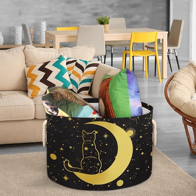 Storage Baskets - Moon Large Nursery Organizer Bin Box with Handles Collapsible Round Black Cat Laundry Hamper for Kids Boy Toys Pet Blanket, Bedroom Living Room Home Decor Gift Basket (19.4"x13.3")