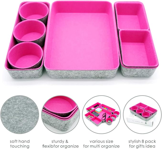 Welaxy 8pc Desk Drawer Organizer Bin Jewelry Office Catchall Tray Hot Pink | Sustainable material soft yet sturdy,multi-purpose storage, sleek minimalist lifestyle