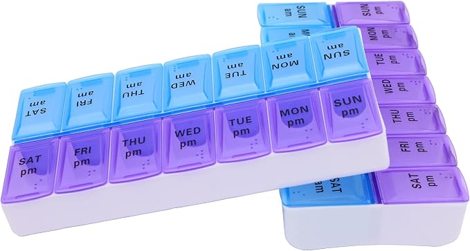 7 Day Weekly AM PM Pill Organizer, ShysTech Large Pill Case Pill Box for Pills Vitamin Supplements Medication (Purple/Blue)