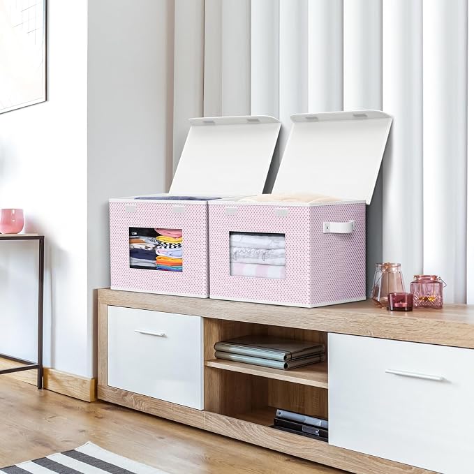 Univivi Fabric Foldable Storage Boxes with Lids, 4 Pack, Pink | 17 x 12 x 12 In Large Stackable Storage Bins with Lids, Closet Organizers and Storage Cube Basket for Home, Office, Bedroom