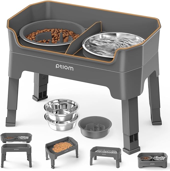 4-in-1 Elevated Slow Feeder Dog Bowls, 4 Height Adjustable Mess Proof Raised Dog Bowl Stand with Licking Plate, 2 Stainless Steel Dog Food Bowl & Slow Feeder for Large Medium Small Dogs Pets