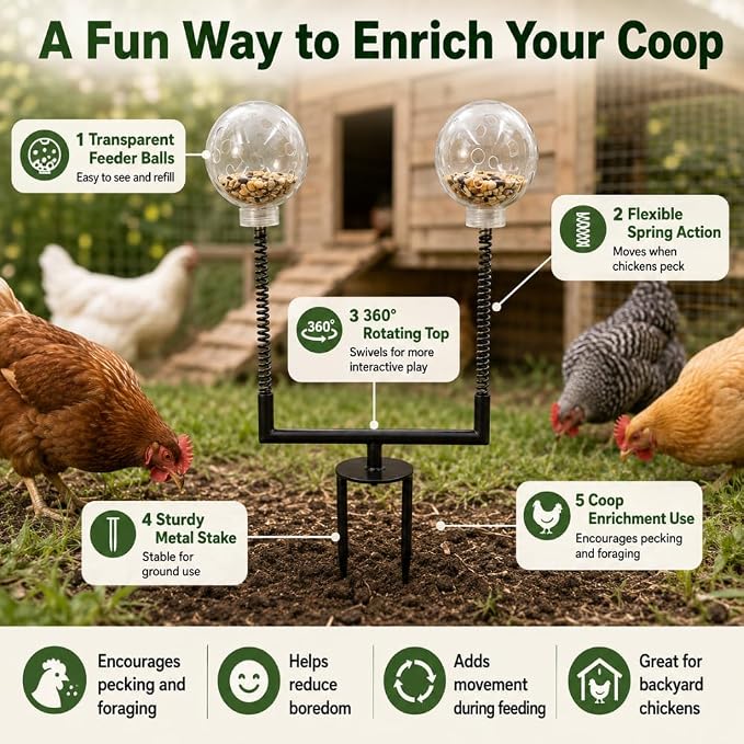 Chicken Treat Dispenser Toy, 15.7-Inch Dual-Spring Slow Feeder with 2 Clear Pecking Balls and Ground Stake, 360-Degree Rotating Enrichment Toy for Hens and Backyard Chickens