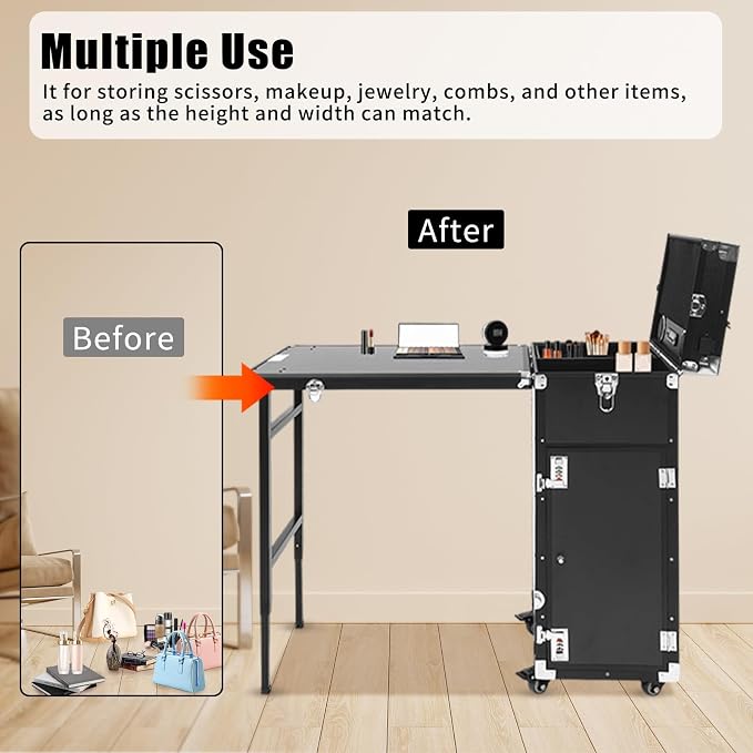 Nail Desk Mobile Station Rolling Makeup Train Case, Foldable Nail Table Manicure Table With Speaker Travel Nail Desk Portable Nail Table Travel Cosmetic Trolley Storage Organizer, Black