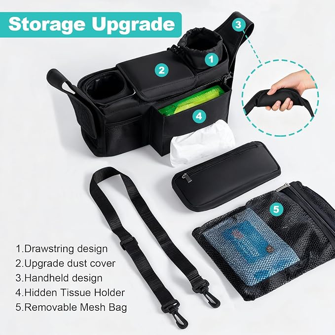 Universal Stroller Organizer with Insulated Cup Holder Detachable Phone Bag & Shoulder Strap, Bag Caddy Fits for Stroller like Uppababy, Baby Jogger, Britax, BOB, Umbrella & Pet Stroller