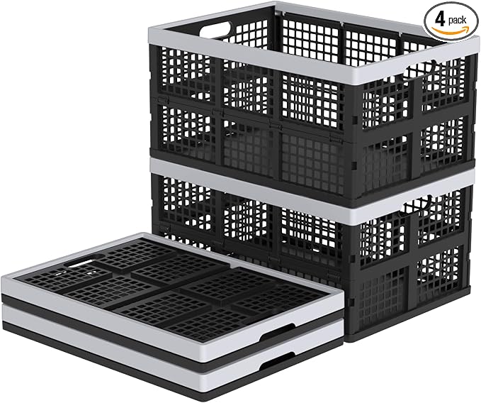 Sandmovie 4 Packs 66 Liter Large Plastic Collapsible Storage Crates | Folding Stackable Storage Crates