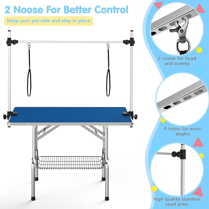 46'' Foldable Dog Grooming Table with Arms/Nooses/Mesh Tray, Blue | Stainless Steel Grooming Table for Dogs at Home, Adjustable Pet Bathing Station, Non-Slip Waterproof Tabletop, Capacity 330Lb