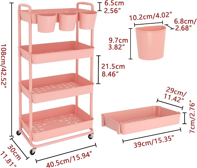 4-Tier Plastic Rolling Storage Cart Utility Cart with Extra Hanging Cups Handles Lockable Wheels for Living Room Bathroom Kitchen Office Pink | Utility Cart with Extra Hanging Cups Arc-Shaped Handles Lockable Wheels for Living Room Bathroom Kitchen Office