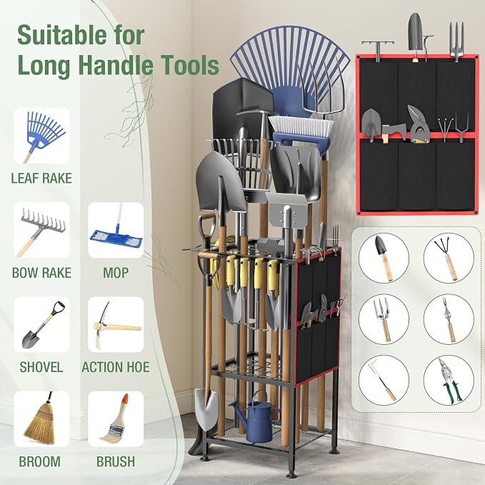 Garden Tool Organizer,Metal Yard Tool Organizer ,Holds 50 Long-Handled Tools/Rakes/Brooms,Side Garden Pocket ,Heavy Duty Steel Yard Tool Storage Rack for Garage,Shed, Outdoor