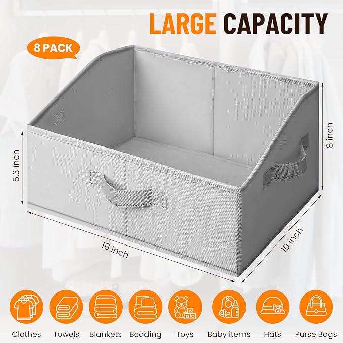 Closet Organizers Bins 8 Pack - Large Closet Shelf Organizer with Handles - Fabric Trapezoid Home Organization and Storage Baskets for Organizing Clothes Toy Blanket Towel Purse Hats