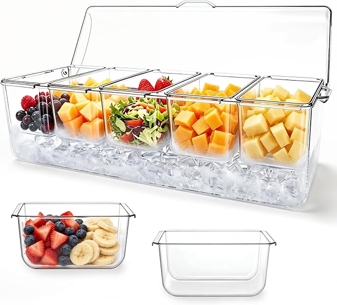 OBTANIM 16 Inch Ice Chilled Condiment Server Caddy Plastic Clear Food Storage Container Garnish Tray with Lid and 5 Removable Compartments for Bar Party Fruit Salad