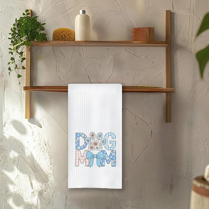 Chicimln Blue Bow Dog Mom Kitchen Towels, Dog Mom Gifts for Women Decorative Hand Towels for Bathroom, Dogs Lover Gifts Dish Tea Towel Drying Cloth for Kitchen Decor, 16x24 Inch