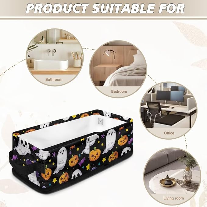 Halloween Ghost Pumpkin Toilet Paper Basket with Handle, Decorative Toilet Tank Topper Basket with Handle for Countertop Shelves, Bathroom Bedroom Living Room Decor