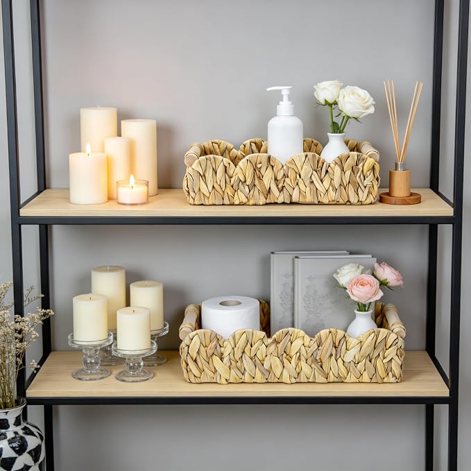 Decorative Toilet Paper Storage Basket, Modern Farmhouse Home Decor Scalloped Basket for Organizing, Pantry Baskets for Shelves, Countertop, Living Room, Wood Handles, Natural Water Hyacinth (2pack）