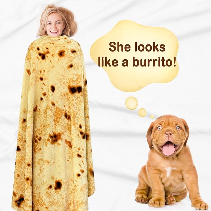 Bnuitland Burritos Tortilla Blanket, 300 GSM Double Sided Giant Funny Gift Throw, Realistic Novelty Super Soft Sofa Yellow Taco Food Blanket for Kids/Pets and Adults