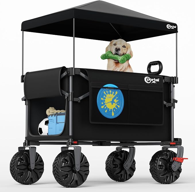 Portal 350L Collapsible Wagon Cart with Removable Canopy, 270LB Cart Black | Collapsible Wagon Cart with Removable Canopy Folding with Rear Door for Pet, Camping, Beach, Sports and Outdoor Adventures