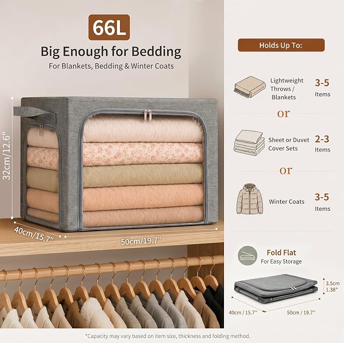 GoMaihe Clothes Storage Bins with Metal Frame for Blanket 3 Pack 66L Grey | Closet Top Shelf Linen Closet, Winter Clothing Bedding Comforters, 3 Side Access Stackable Collapse-Proof See Through Window