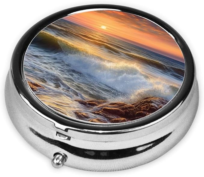 Round Pill Box Rocky Wave Sunset Painting Pill Case for Purse & Pocket 3 Compartment Pill Organizer Portable Travel Pillbox Medicine Pill Holder Container for Daily Vitamin Cod Liver Oil Storage