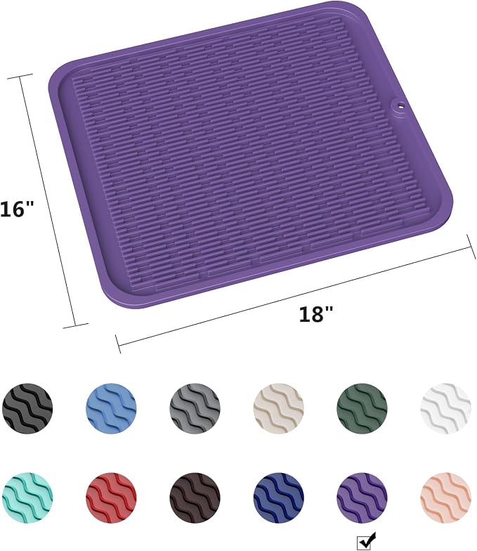 ZLR Oversized Silicone Dish Drying Mat for Kitchen, 16"x18", Meadow Violet | Family-Size Drainboard for Pots & Pans, Thick 4mm No-Curl, Heat-Resistant Trivet to 450°F, Non-Slip, Rolls to Store