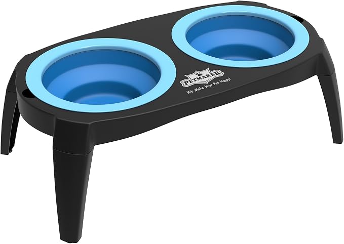 Elevated Pet Bowls Collection with Non Slip Stand for Dogs and Cats-Removeable and Collapsible Silicone Feeder for Food and Water- 16 Oz Each by PETMAKER (Pink), Blue