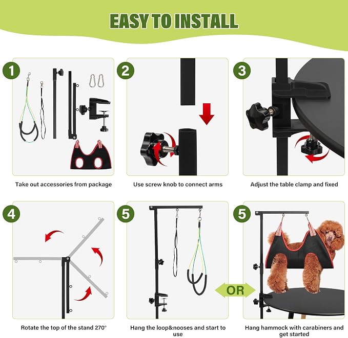 Dog Grooming Arm 35" with Hammock, Haunch Holder for Small Medium Pets | Adjustable 18"-35" Dog Grooming Table Stand with Loop Noose, Fits 2" tables, for Small/Medium Dogs under 30 lbs