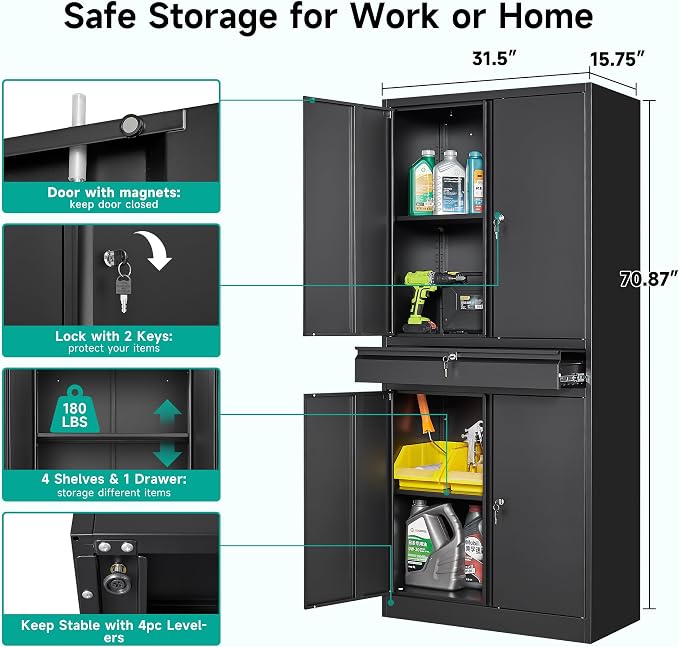 Metal Garage Storage Cabinet with Drawer and Lock,Black Metal Storage Cabinet with Locking Doors and Adjustable Shelves,71" Tall Large Steel Tool Cabinets for Home,Office,Garage,Shop